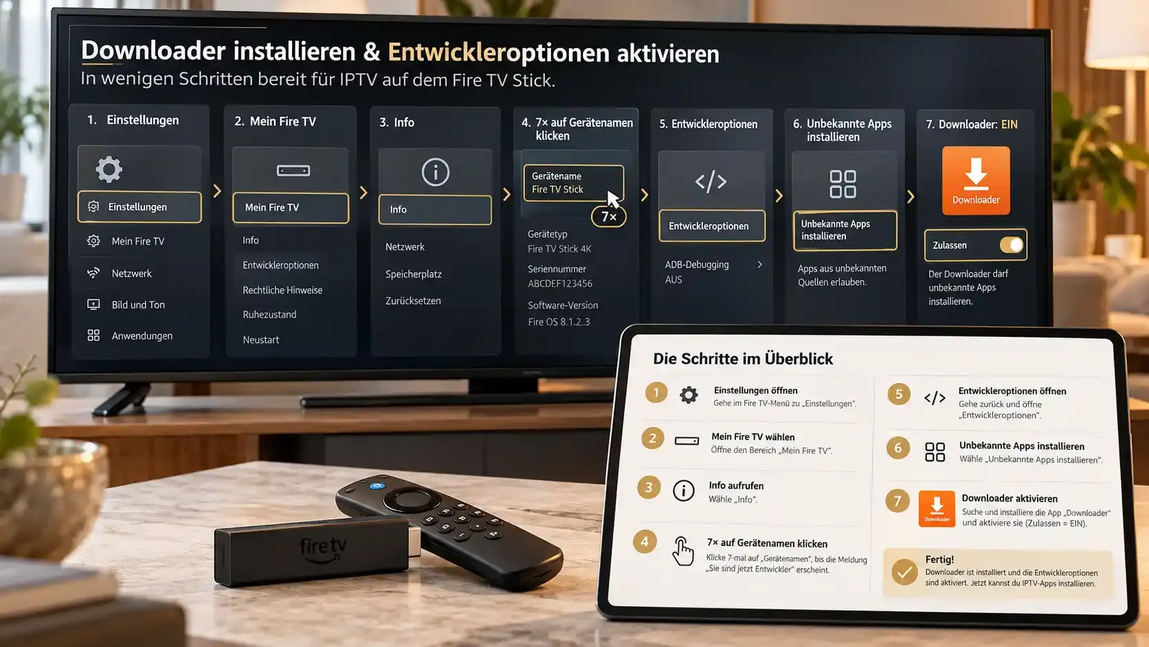 Fire TV Stick: Downloader installieren und Entwickleroptionen aktivieren – Einstellungen, Mein Fire TV, Info, 7× auf den Gerätenamen, unbekannte Apps für Downloader erlauben