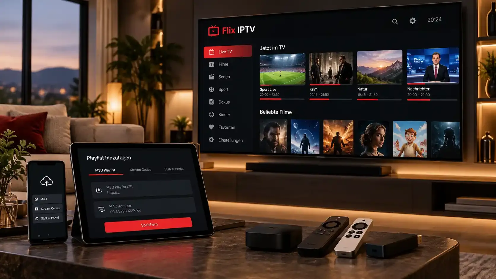 Flix IPTV Oberfläche auf dem Smart TV mit Live-TV, Filmen und Serien, davor ein Tablet beim Hinzufügen der Playlist per MAC-Adresse