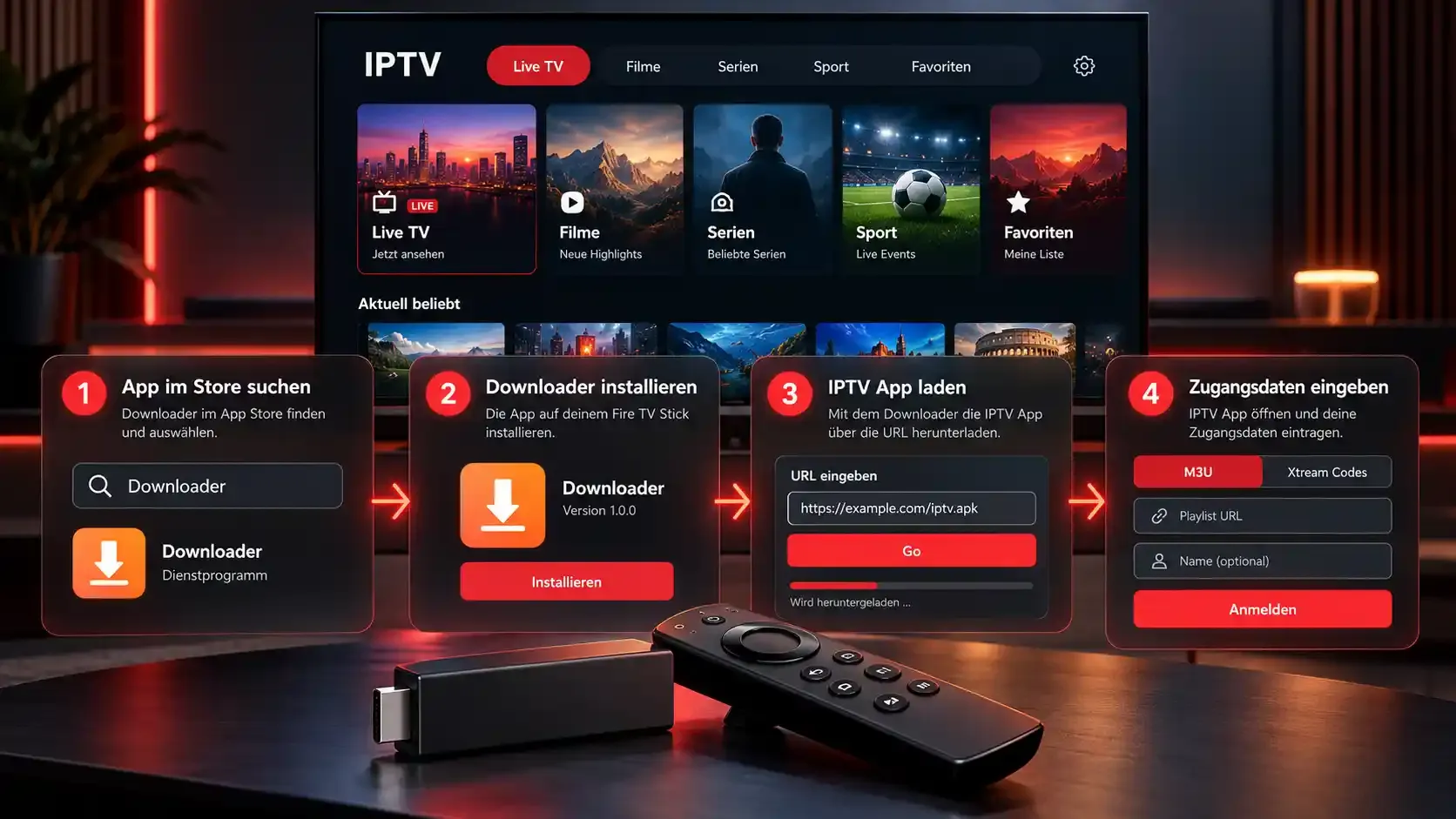 IPTV auf dem Fire TV Stick installieren in 4 Schritten: Downloader suchen, Downloader installieren, IPTV App laden, Zugangsdaten eingeben