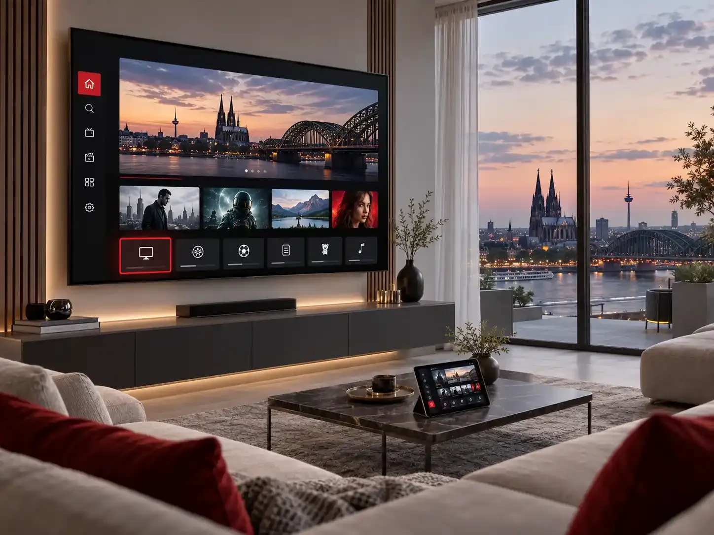 IPTV kaufen: Smart TV mit IPTV App im modernen Wohnzimmer mit Blick auf den Kölner Dom