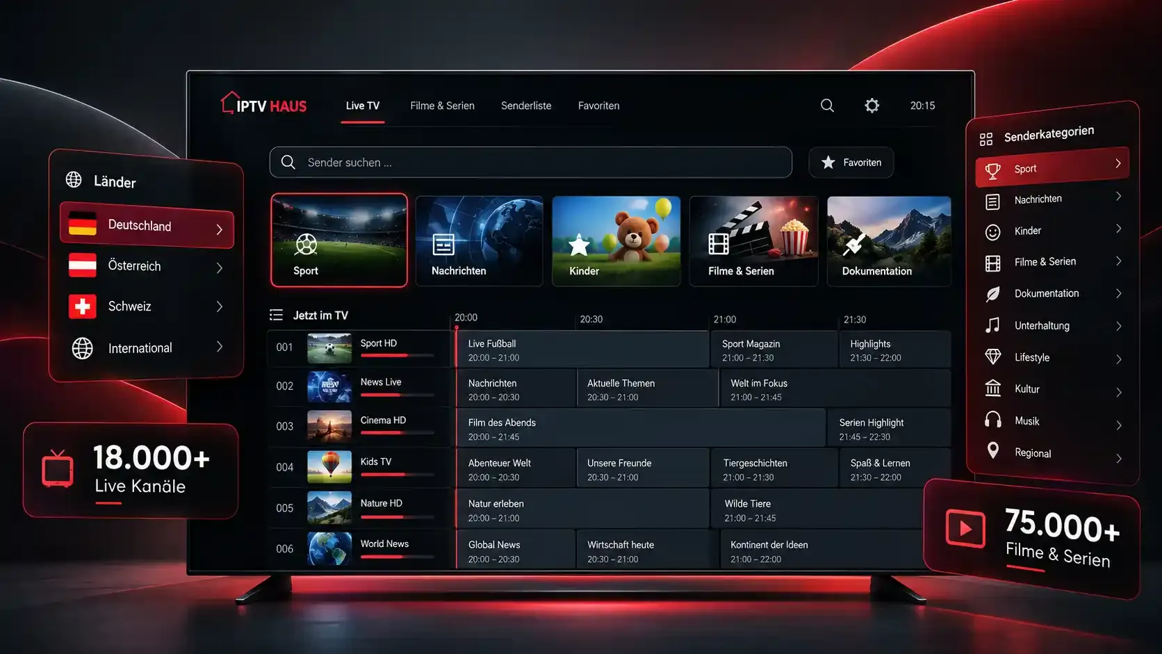 IPTV Senderliste nach Ländern (Deutschland, Österreich, Schweiz, International) und Kategorien mit Programmführer