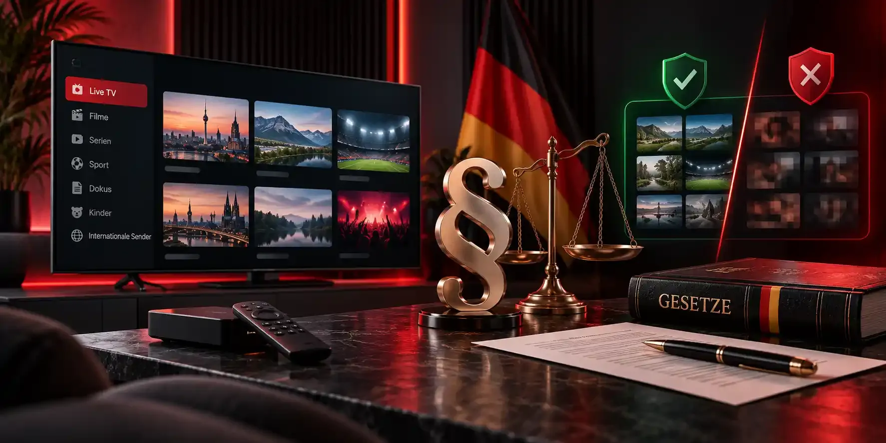 Ist IPTV legal? Paragrafenzeichen, Waage und Gesetzbuch vor einem Fernseher – lizenzierte und nicht lizenzierte Streams im Vergleich