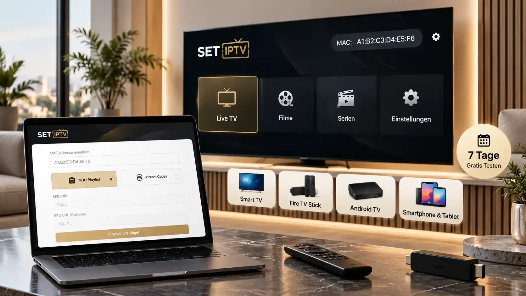 SET IPTV auf dem Smart TV mit angezeigter MAC-Adresse, davor ein Laptop beim Hochladen der M3U-Playlist oder des Xtream-Logins