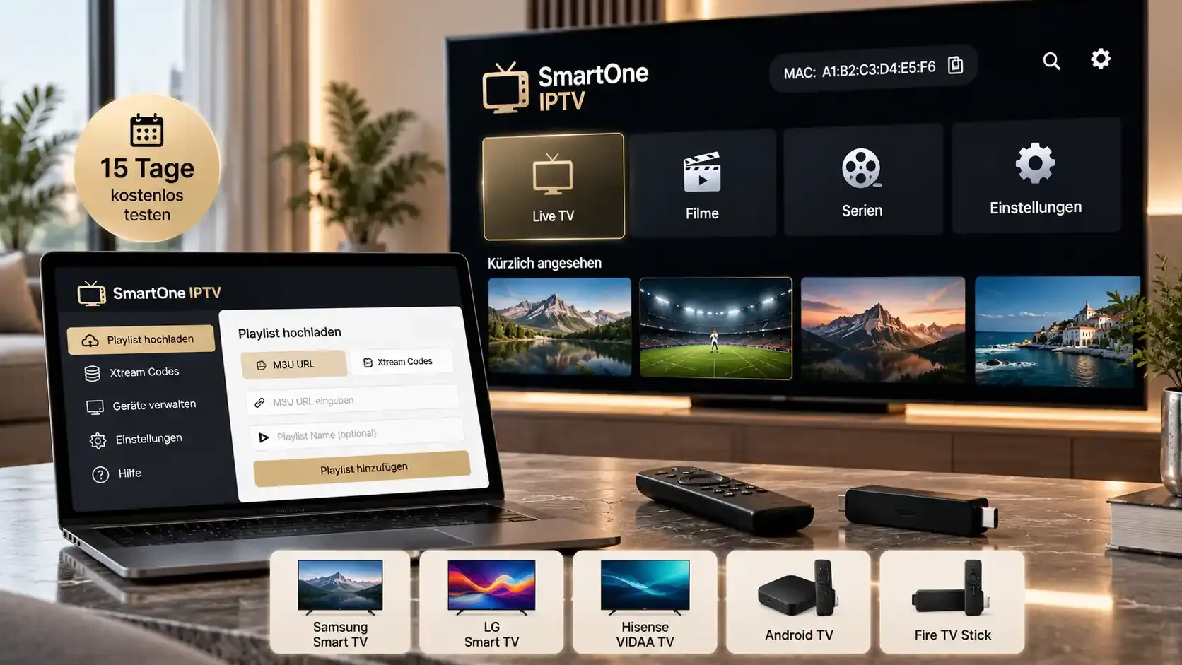 SmartOne IPTV auf dem Smart TV mit MAC-Adresse, davor ein Laptop beim Hochladen der Playlist – kompatibel mit Samsung, LG, Hisense, Android TV und Fire TV